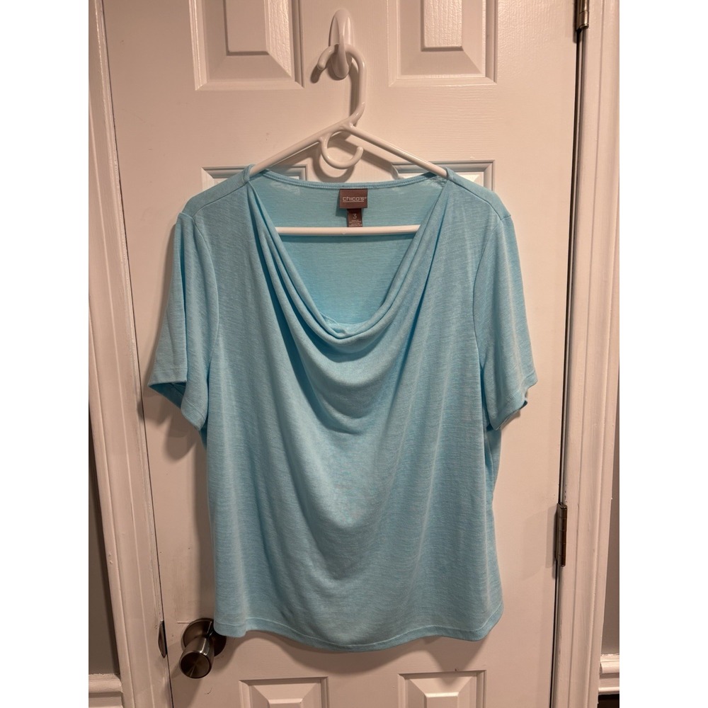 Chico's Women's Top Short Sleeve Light Blue Size 3 Scoop Neck